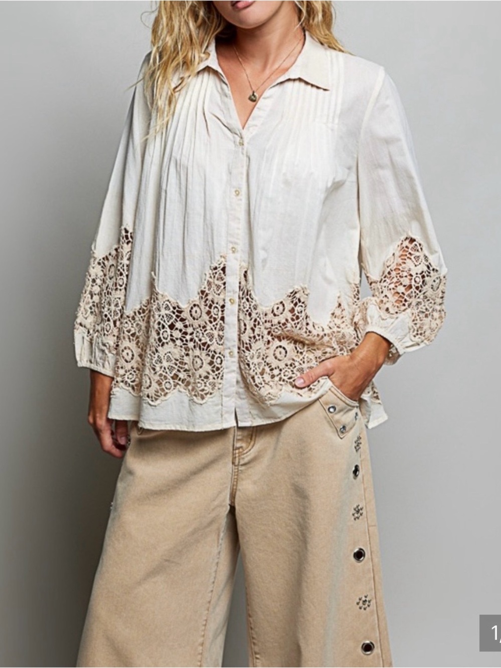 POL Lace-Trim Button-Front Women's Top